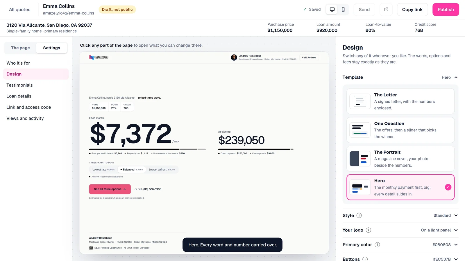 The Design panel in Quote Builder, switching the quote page between The Letter, One Question, The Portrait and Hero
