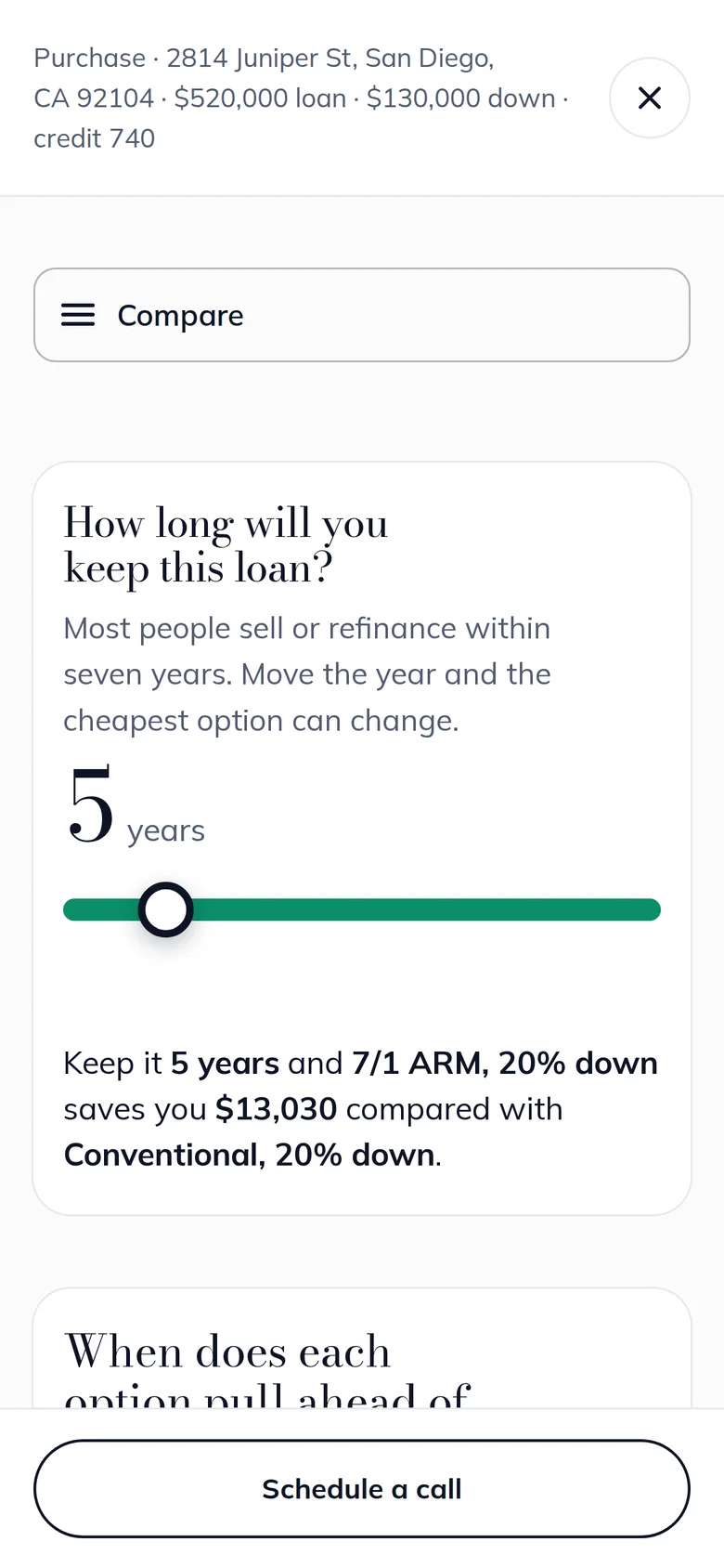 A borrower's phone showing the how-long-will-you-keep-this-loan slider and which option saves them money