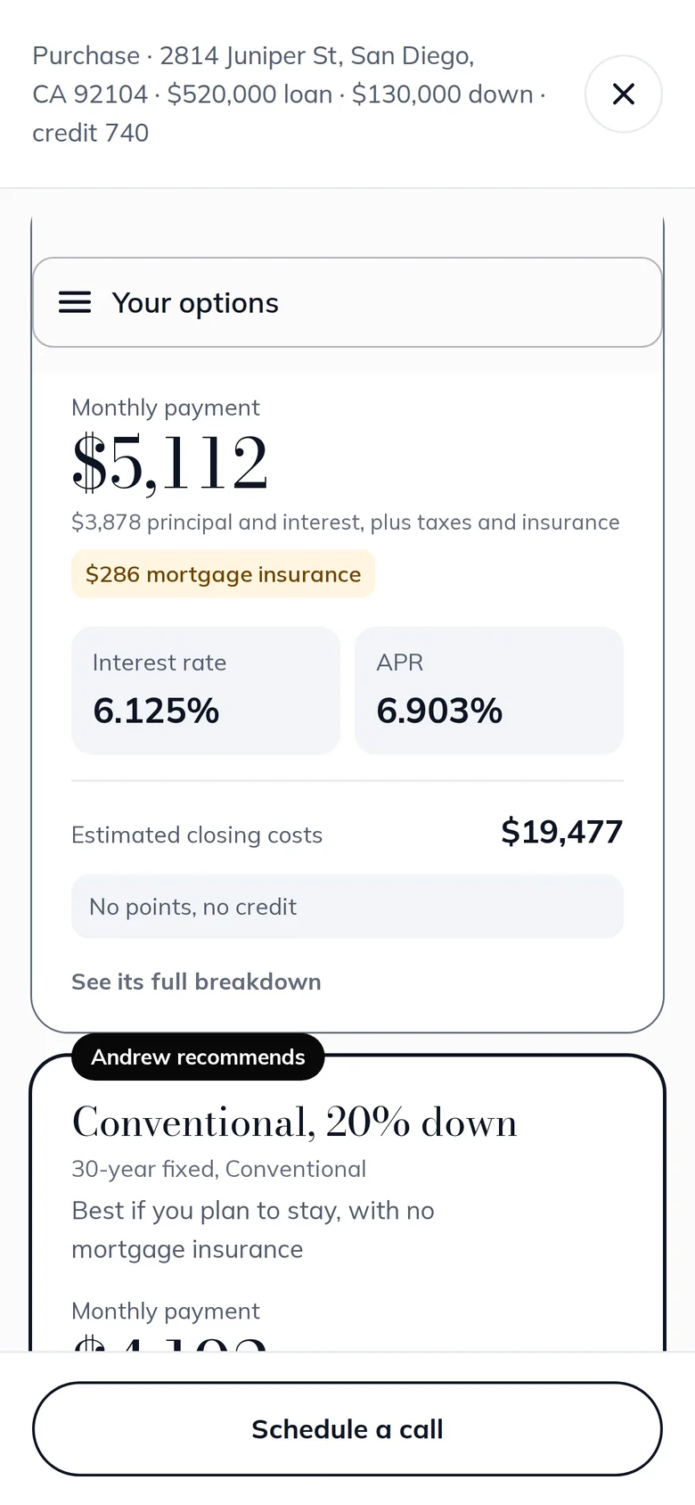 A borrower's phone showing an FHA option and the recommended conventional option