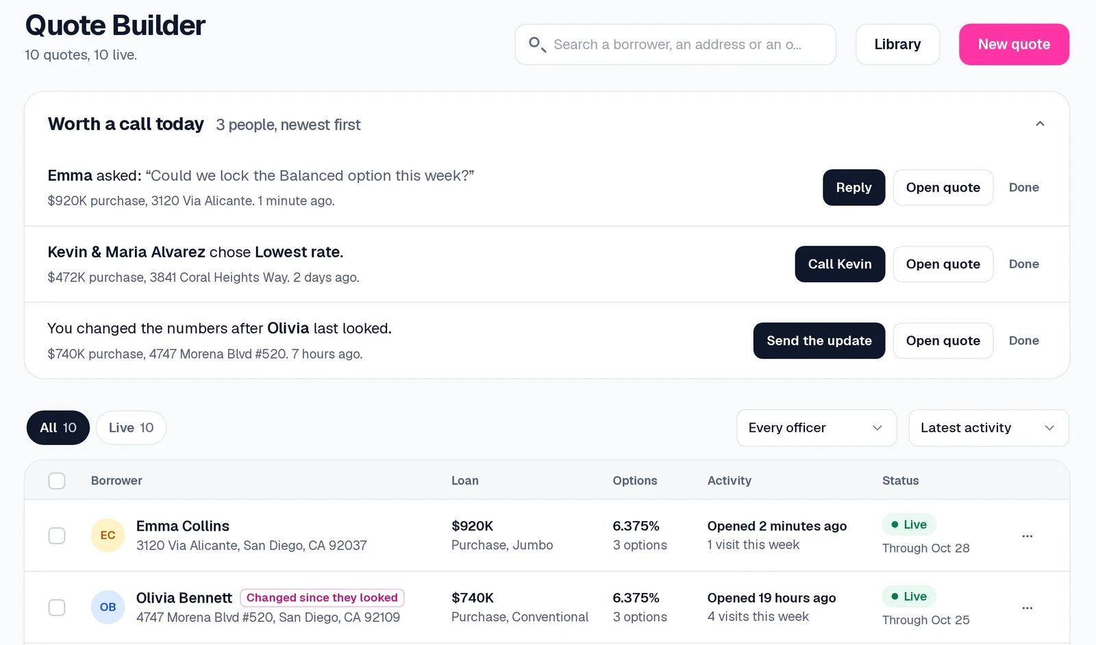 Worth a call today in Quote Builder: a borrower asked a question, another chose an option, and a third quote changed after the borrower last looked